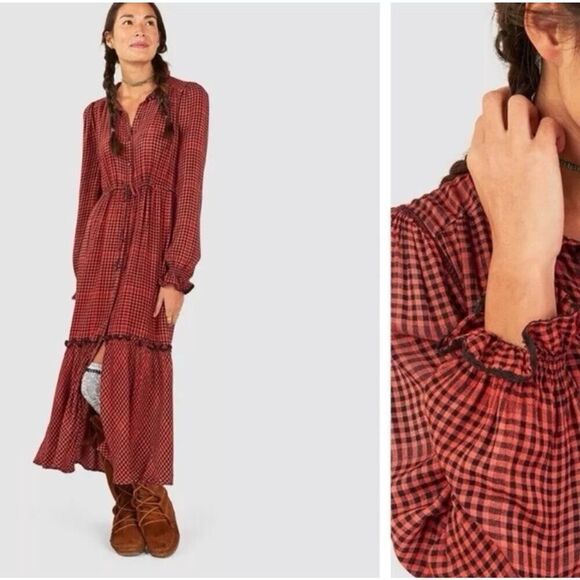 Faherty Sandia Red Black Gingham Maxi Dress Small Boho Cottagecore Fall Look - Picture 2 of 16